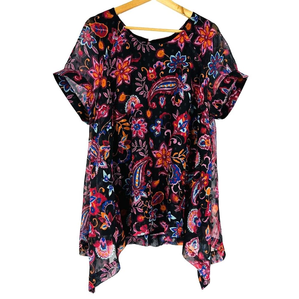 Stitch Fix Estelle Multicolor Short Sleeve Sheer Floral Asymmetric Blouse 14